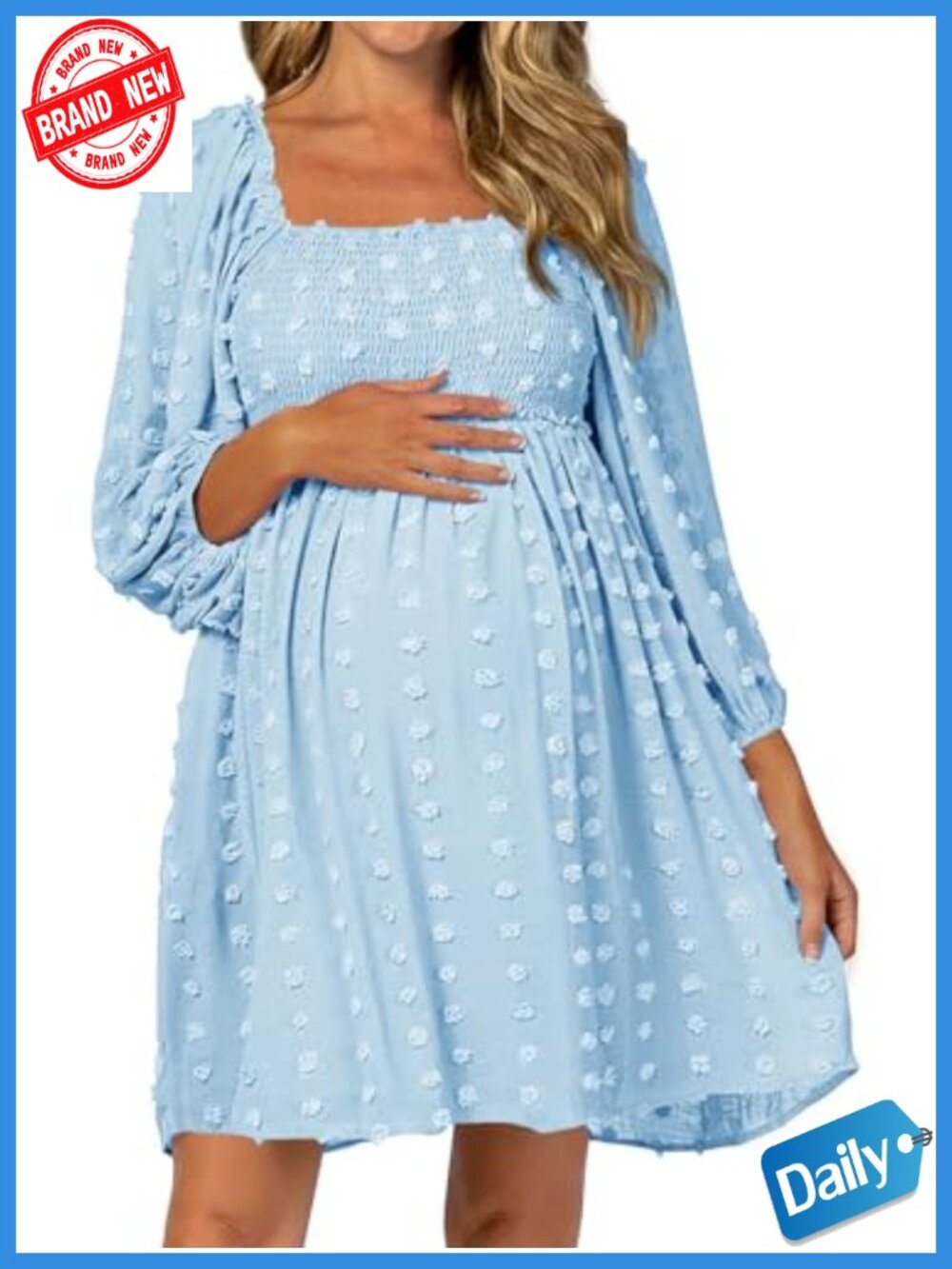 Women's Long Sleeve Maternity Dress Square Neck Swiss Dot Casual Loose Short